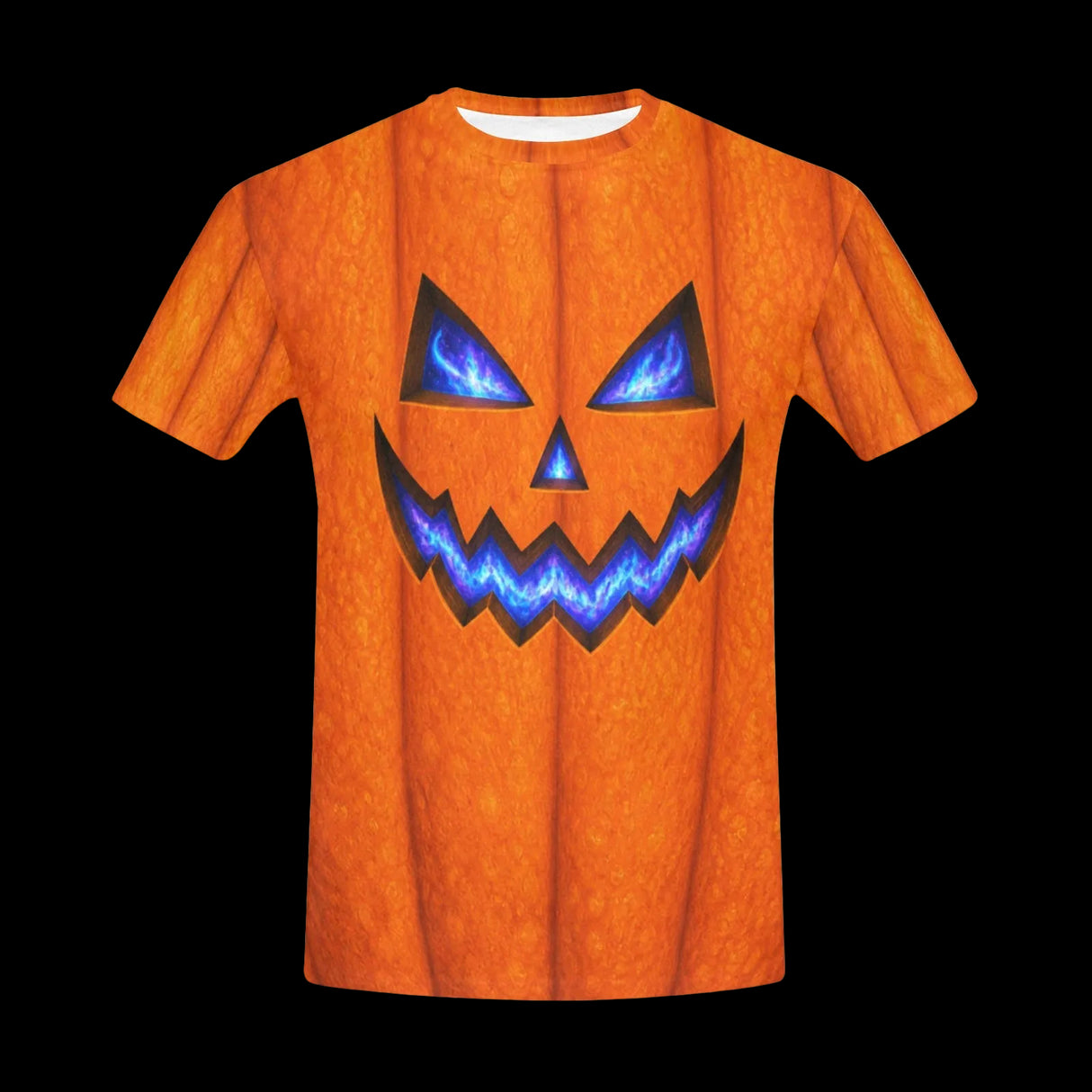 Glowing blue jack-o'-lantern face on textured orange on men's t-shirts