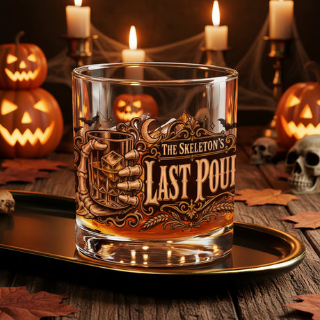 Skeleton hand gripping the glass beside an ornate Last Pour label on whiskey glasses, product view 5