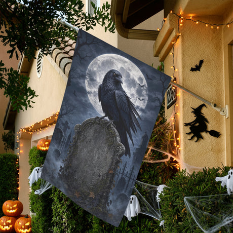 Raven perched on a moonlit cemetery tombstone on garden flags, product view 7
