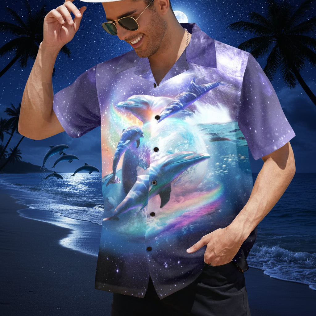 Space Dolphin Vacation Shirt - Galaxy Ocean Hawaiian Button-Up