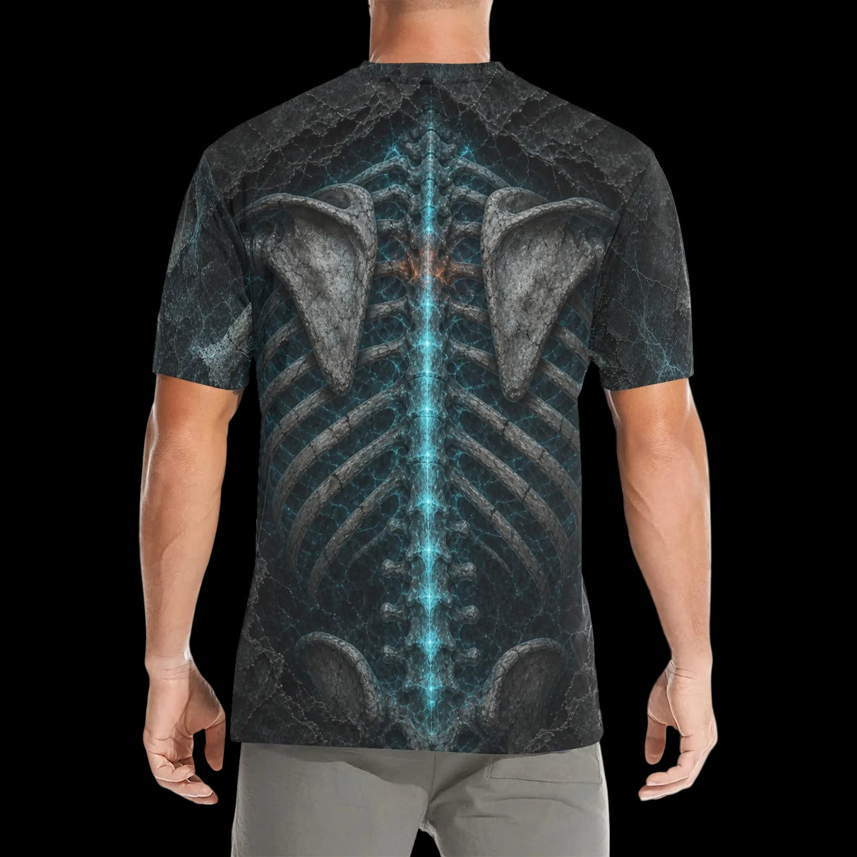 Luminous X-ray ribs and spine with blue and orange energy on men's t-shirts, product view 4