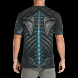 Luminous X-ray ribs and spine with blue and orange energy on men's t-shirts, product view 4
