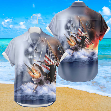 Thomas Jefferson Hawaiihemd mit Hai-Motiv | Button-Up-Down-Hemd