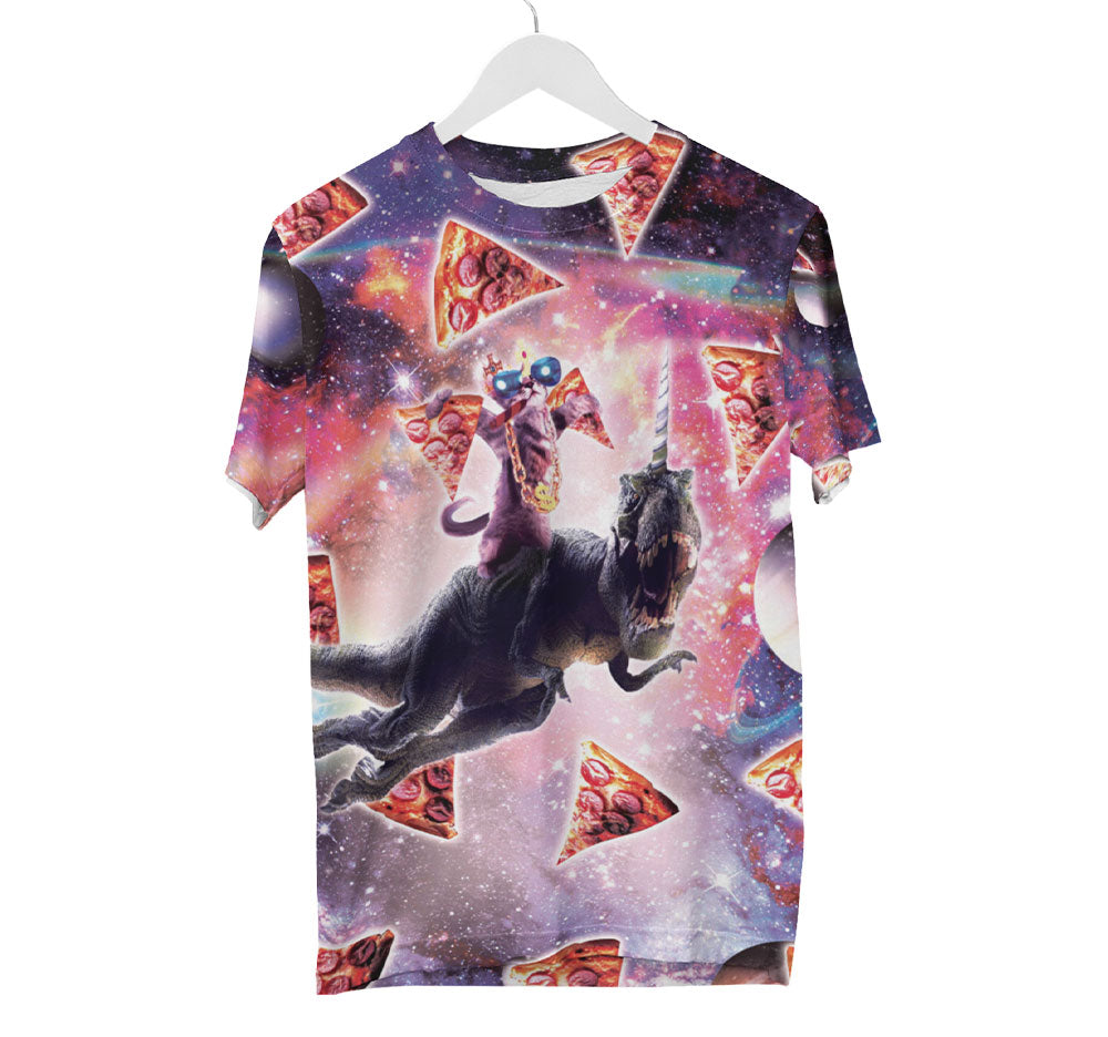 Pizza Cat Riding Dinosaur Shirt | AOP 3D Tee Shirts