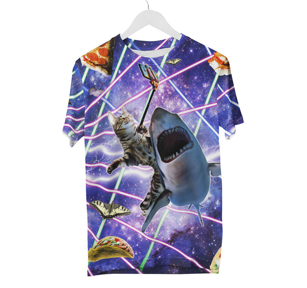 Laser Cat Riding Shark Shirt | AOP 3D Tee Shirts