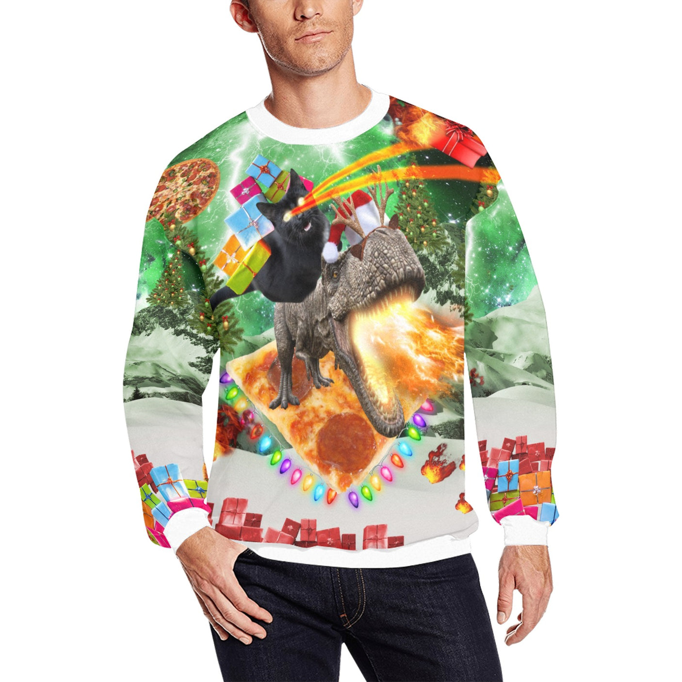 Cat Riding Dinosaur Ugly Christmas Sweater