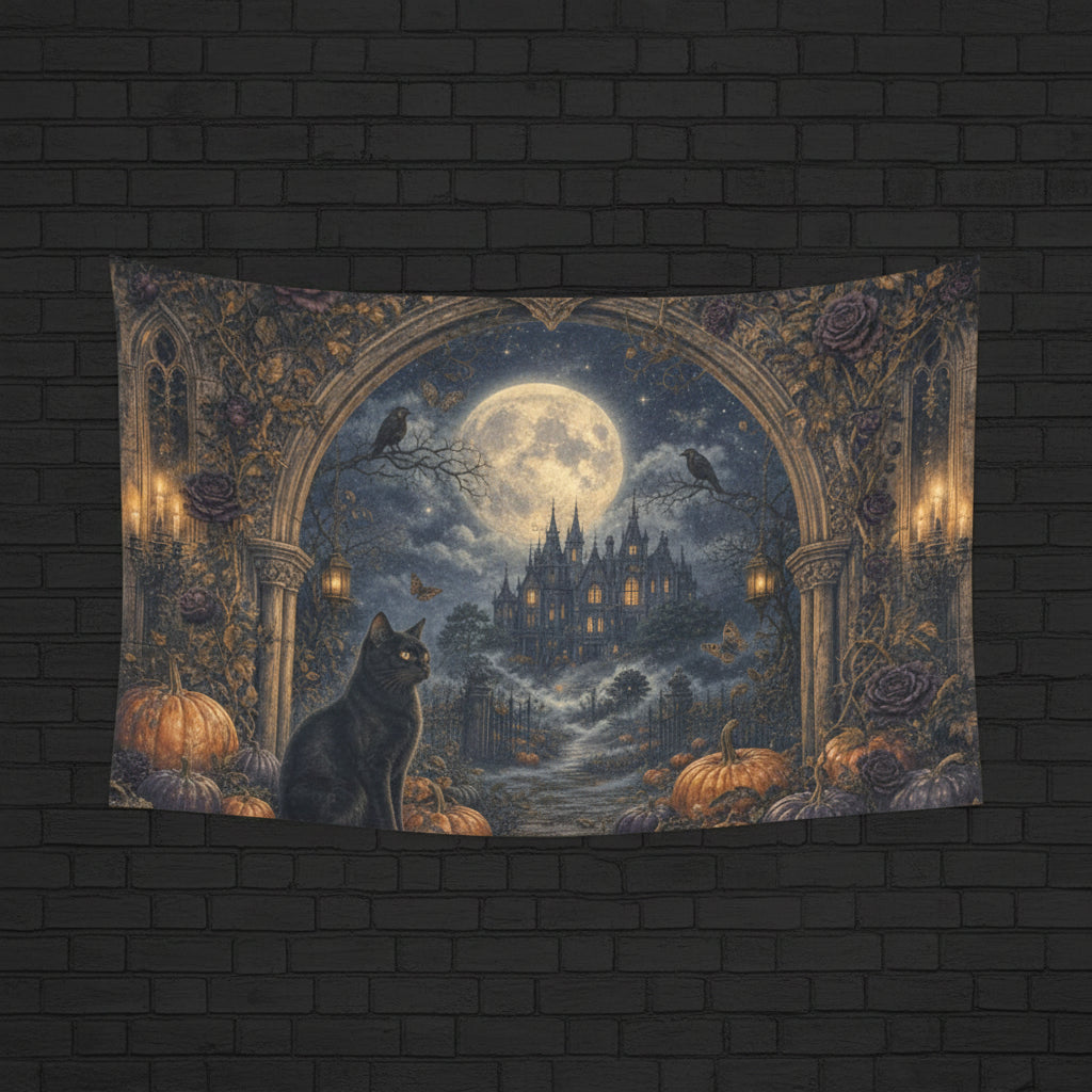 Moonlit gothic manor with black cat, pumpkins and ornate antique border on wall tapestries