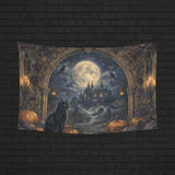Moonlit gothic manor with black cat, pumpkins and ornate antique border on wall tapestries