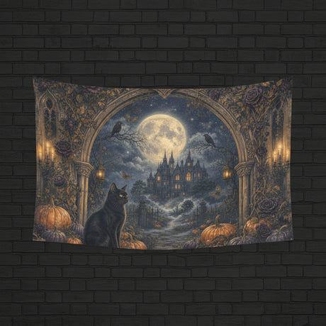 Moonlit gothic manor with black cat, pumpkins and ornate antique border on wall tapestries