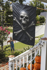 Screaming skull pressing through a black pirate flag on garden flags, product view 2