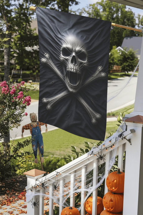 Screaming skull pressing through a black pirate flag on garden flags, product view 2