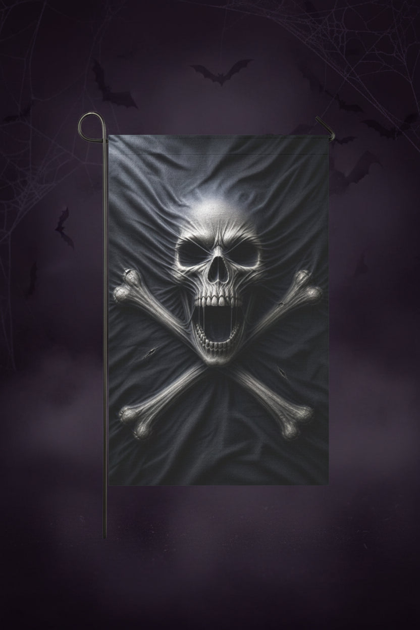 Screaming skull pressing through a black pirate flag on garden flags, product view 3