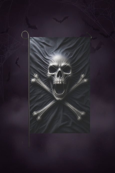 Screaming skull pressing through a black pirate flag on garden flags, product view 3
