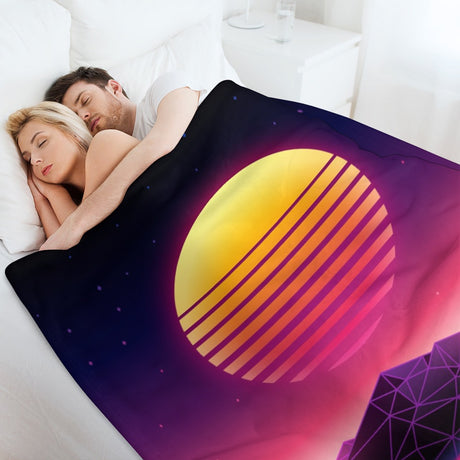 Neon Synthwave Sunset Throw Blanket – Retro Decor
