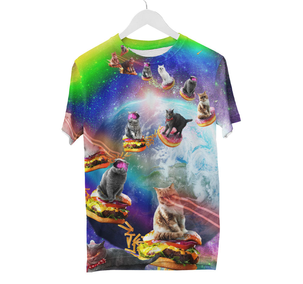 Regenbogen-Laser-Katze im Weltraum-Shirt | AOP 3D-T-Shirts