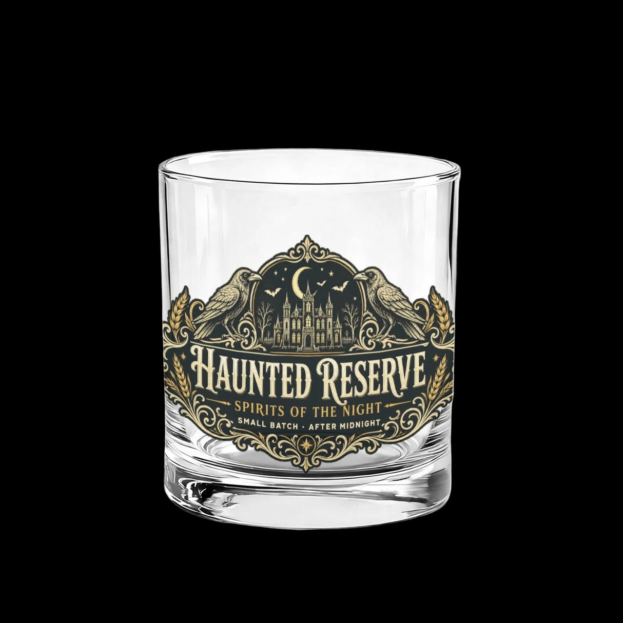 Ornate Haunted Reserve gothic spirits label on whiskey glasses