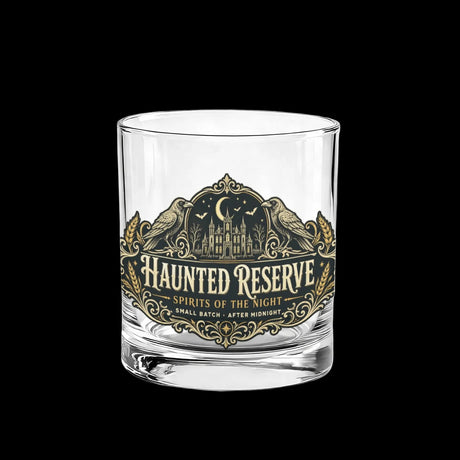 Ornate Haunted Reserve gothic spirits label on whiskey glasses