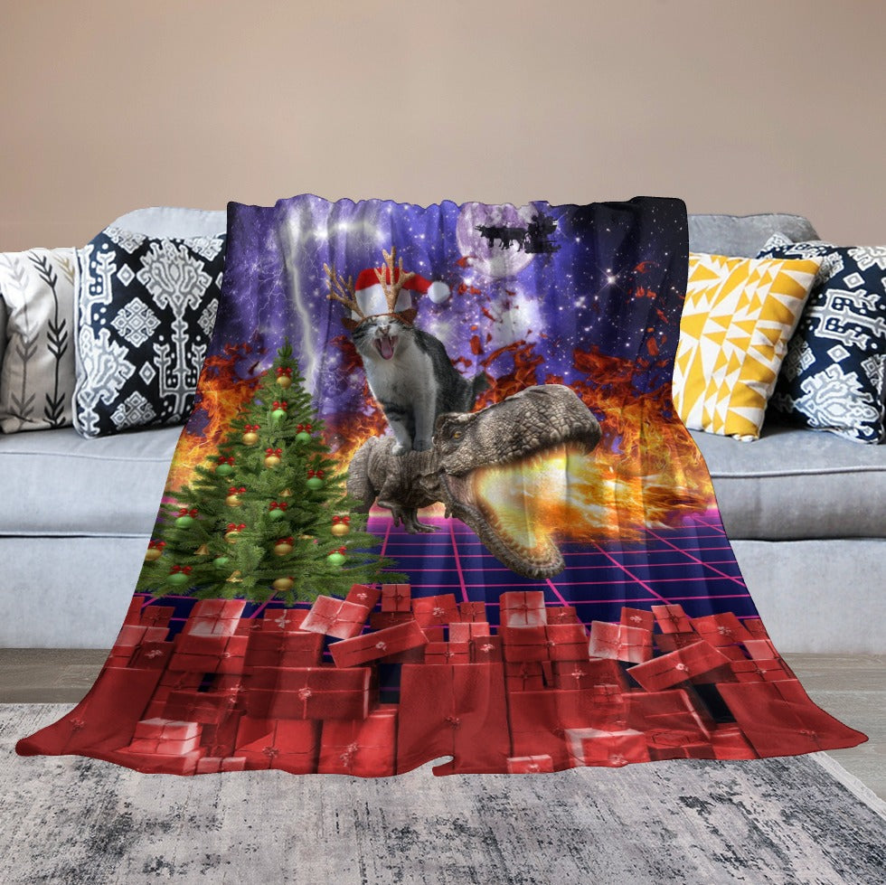 Christmas Cat Dinosaur Throw Blanket