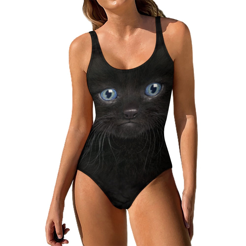 Black Kitten Face One Piece Swimsuit