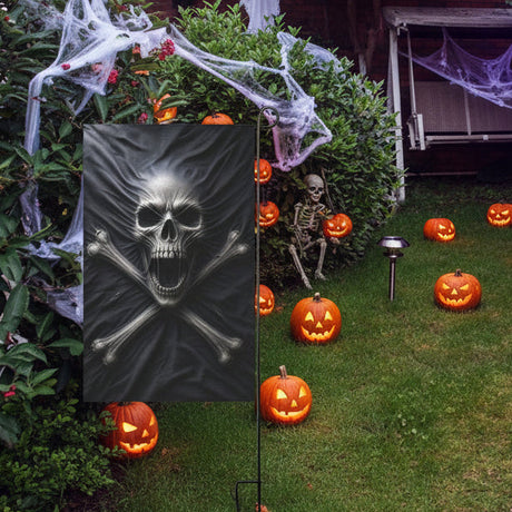 Screaming skull pressing through a black pirate flag on garden flags, product view 7