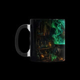 Glowing witch's cauldron and green smoke in a haunted workshop on color-changing mugs