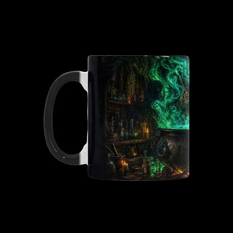 Glowing witch's cauldron and green smoke in a haunted workshop on color-changing mugs