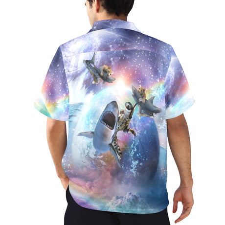Space Cat Riding Shark Hawaiian Shirt