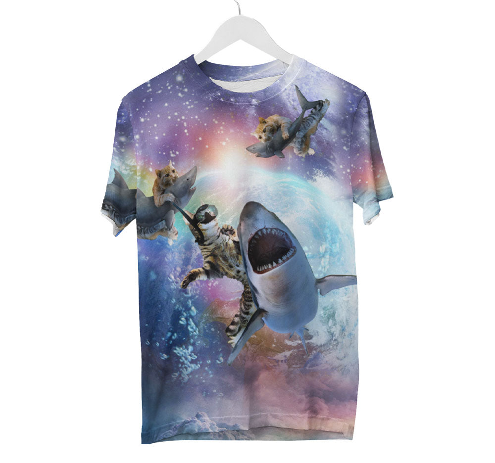 Space Cat Riding Shark Shirt AOP 3D Tee Shirts Random Galaxy