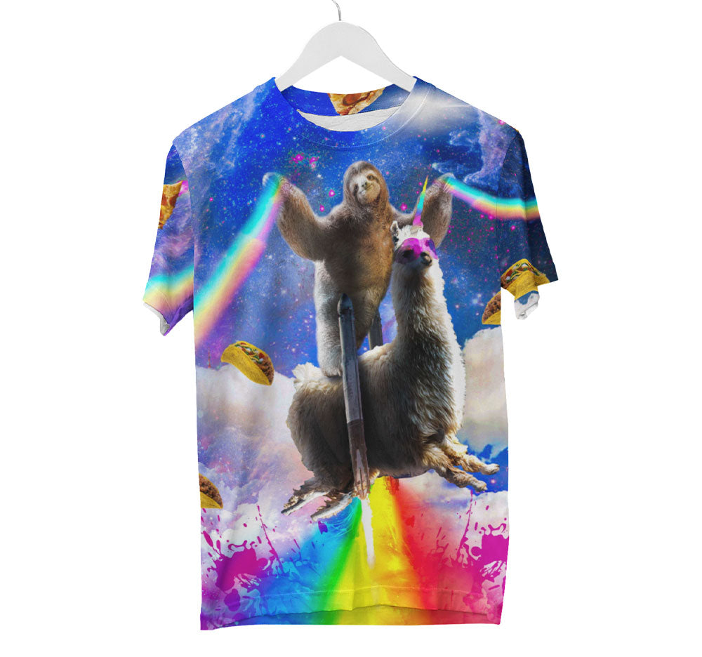 Regenbogen Faultier Lama im Weltraum Shirt | AOP 3D T-Shirts