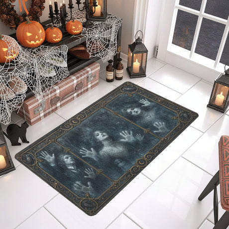 Pale ghosts pressing beneath an ornate Victorian glass window on doormats
