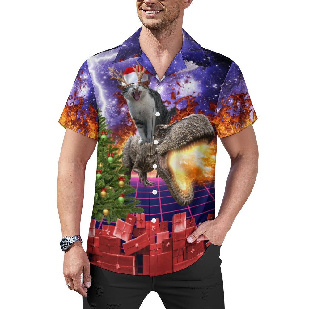 Christmas Cat Dinosaur Hawaiian Shirt | Button Up Down Shirt