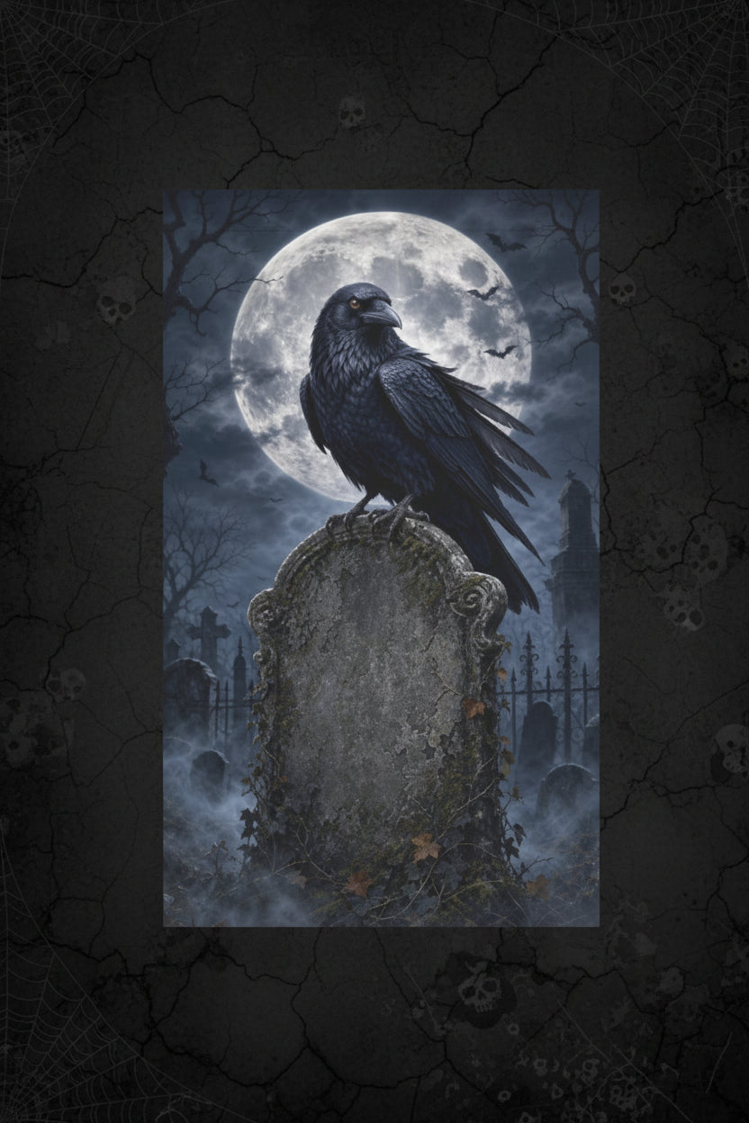 Raven perched on a moonlit cemetery tombstone on garden flags