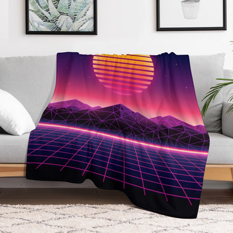 Neon Synthwave Sunset Throw Blanket – Retro Decor