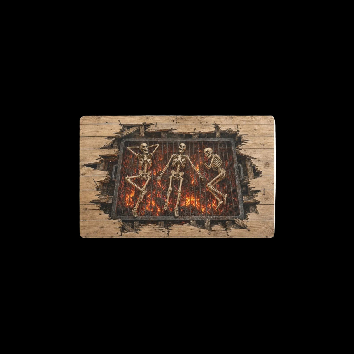 Hellfire grill beneath cracked floorboards with roasting skeletons on kitchen mats