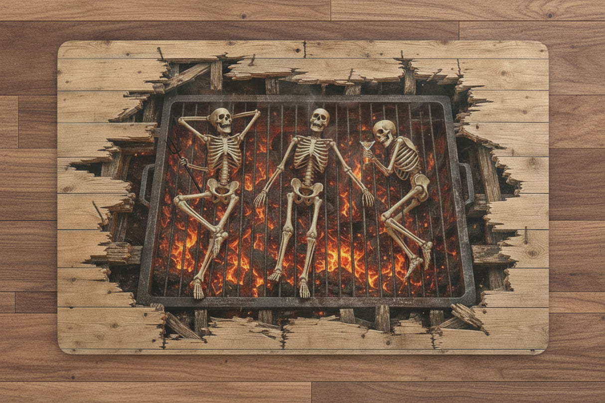 Hellfire Skeleton Grill Halloween Kitchen Mat – 28 × 17 in