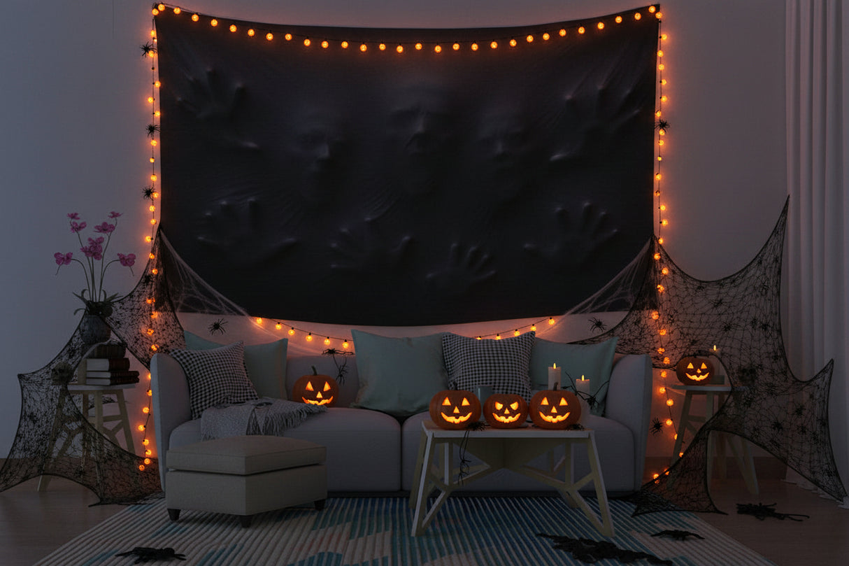 Ghostly faces and hands pressing through stretched black fabric on wall tapestries, product view 5