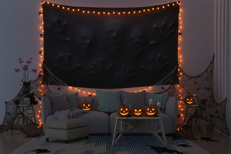 Ghostly faces and hands pressing through stretched black fabric on wall tapestries, product view 5