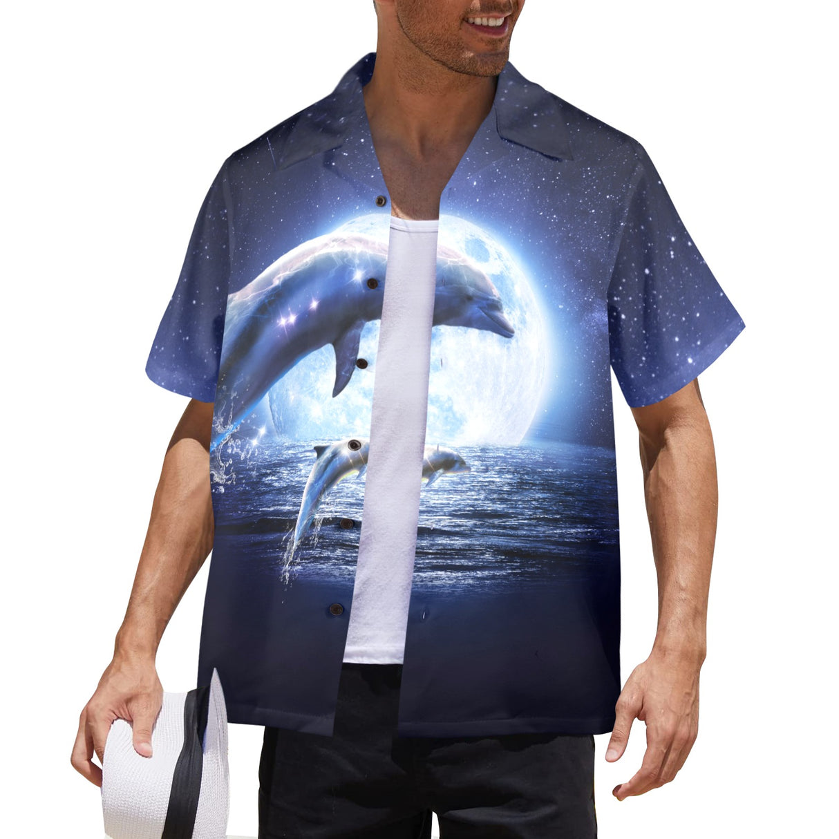 Moon Dolphin Hawaiian Shirt - Ocean Vacation Button-Up