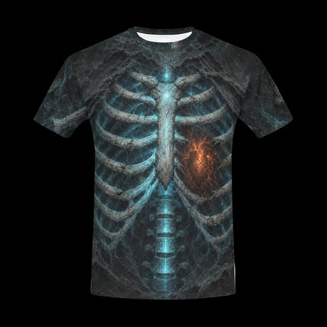 Luminous X-ray ribs and spine with blue and orange energy on men's t-shirts