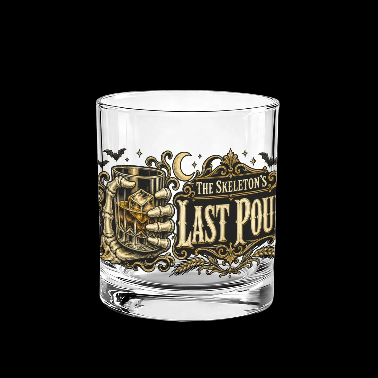 Skeleton hand gripping the glass beside an ornate Last Pour label on whiskey glasses