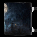Moonlit haunted house with bare trees and glowing windows on color-changing mugs, product view 2