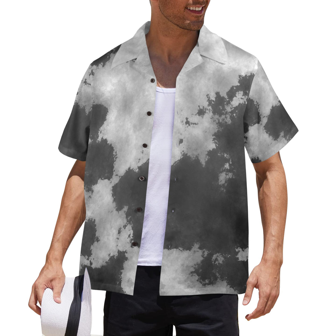 Black and White Tie Dye Hawaiian Shirt