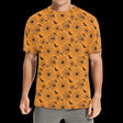 Black spider swarm on distressed pumpkin-orange fabric on men's t-shirts, product view 2