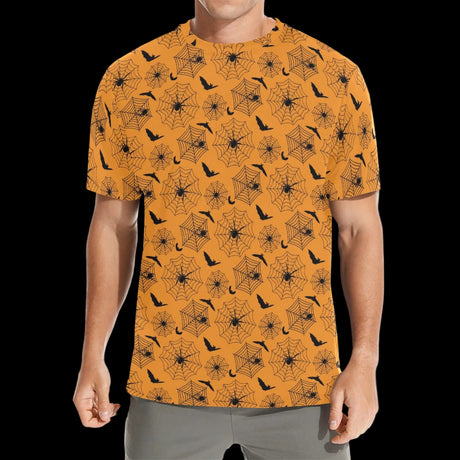 Black spider swarm on distressed pumpkin-orange fabric on men's t-shirts, product view 2