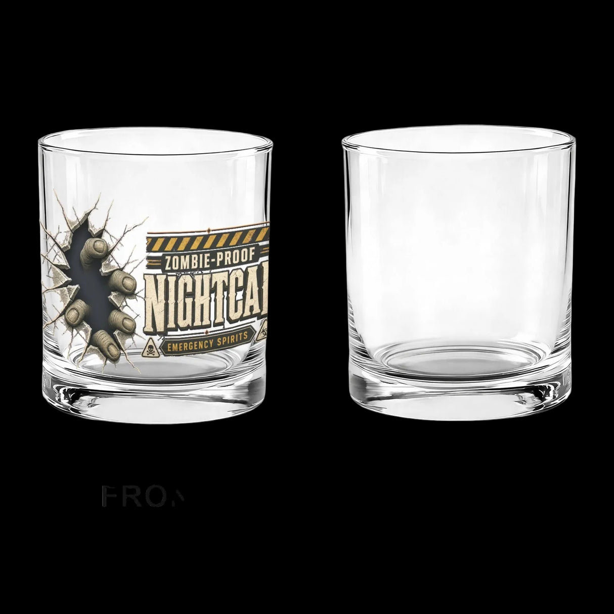 Zombie fingertips breaking through cracked glass beside a vintage nightcap label on whiskey glasses, product view 3
