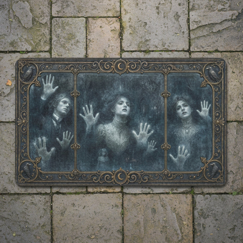 Pale ghosts pressing beneath an ornate Victorian glass window on doormats, product view 4