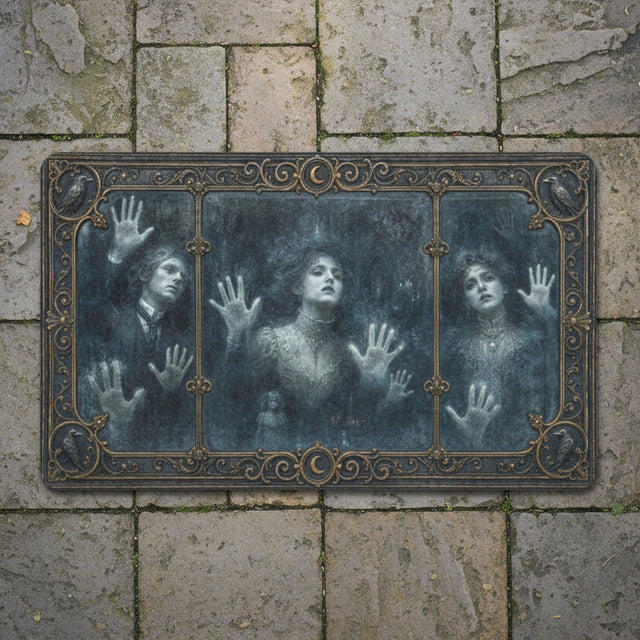 Pale ghosts pressing beneath an ornate Victorian glass window on doormats, product view 4