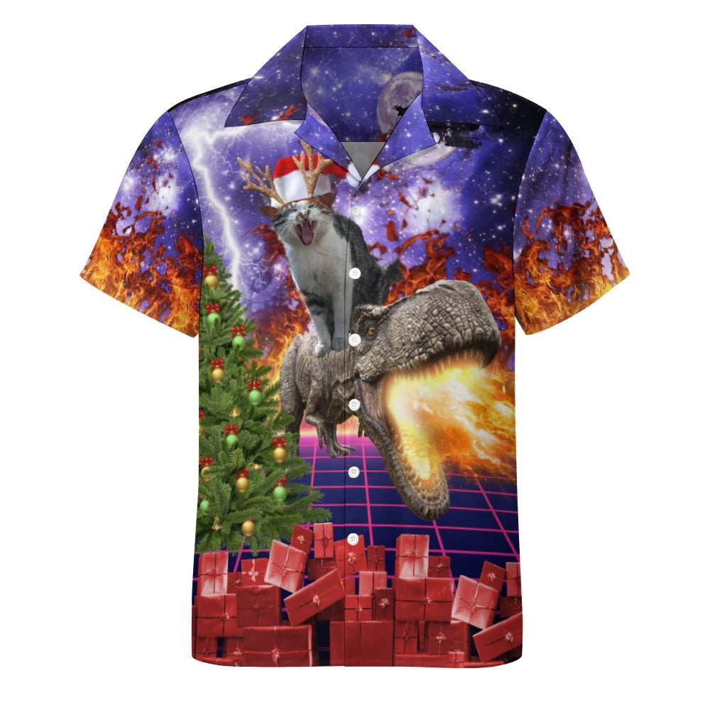 Christmas Cat Dinosaur Hawaiian Shirt | Button Up Down Shirt