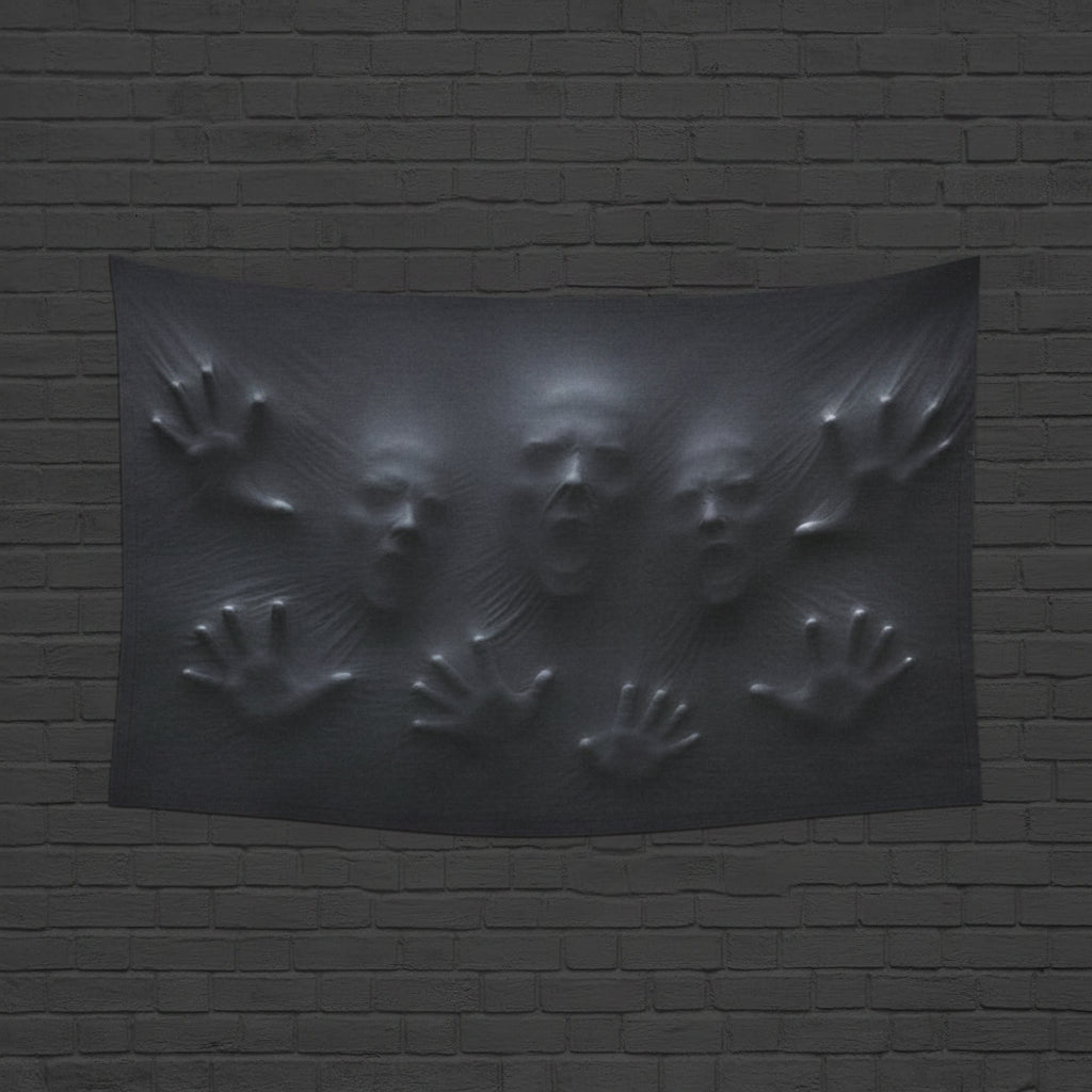 Ghostly faces and hands pressing through stretched black fabric on wall tapestries