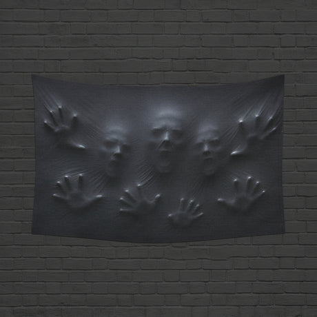 Ghostly faces and hands pressing through stretched black fabric on wall tapestries